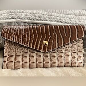 Chic Brown Crocodile-Embossed Envelope Style Pouch Clutch
